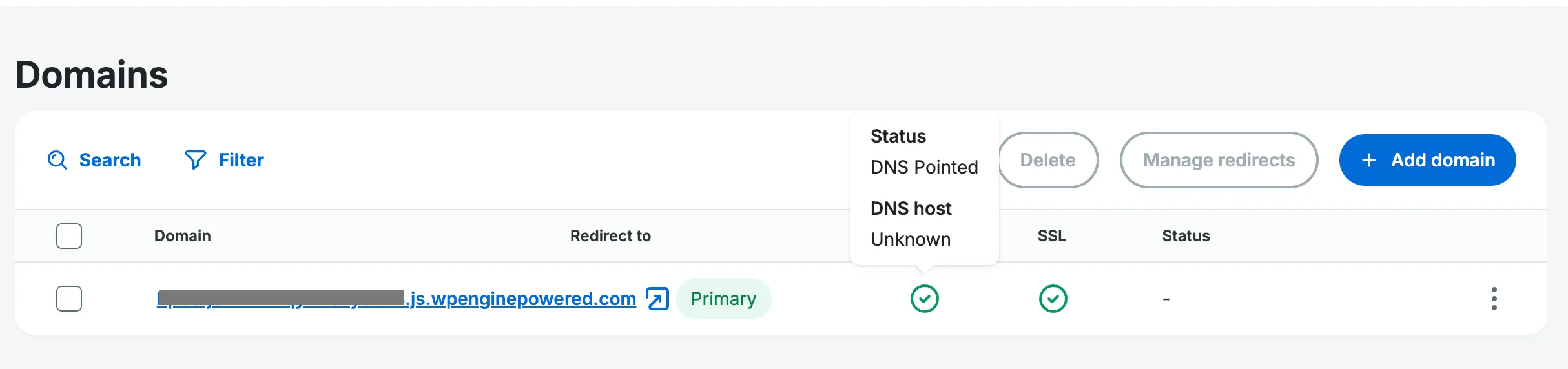 Domain DNS status with tooltip